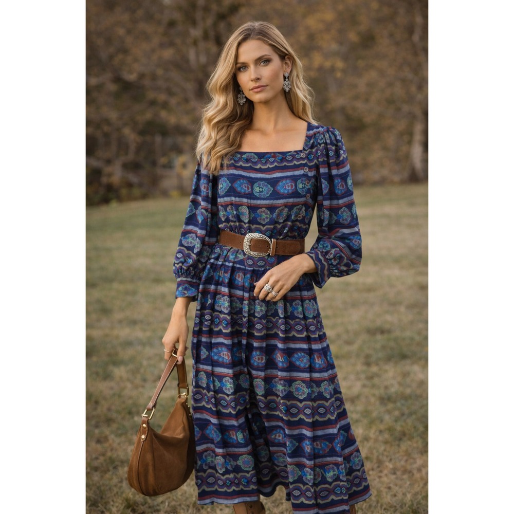 Hunter Bell Adrian Womens Dress 8 Blue Silk Blend Garden Mosaic Print Midi  Boho